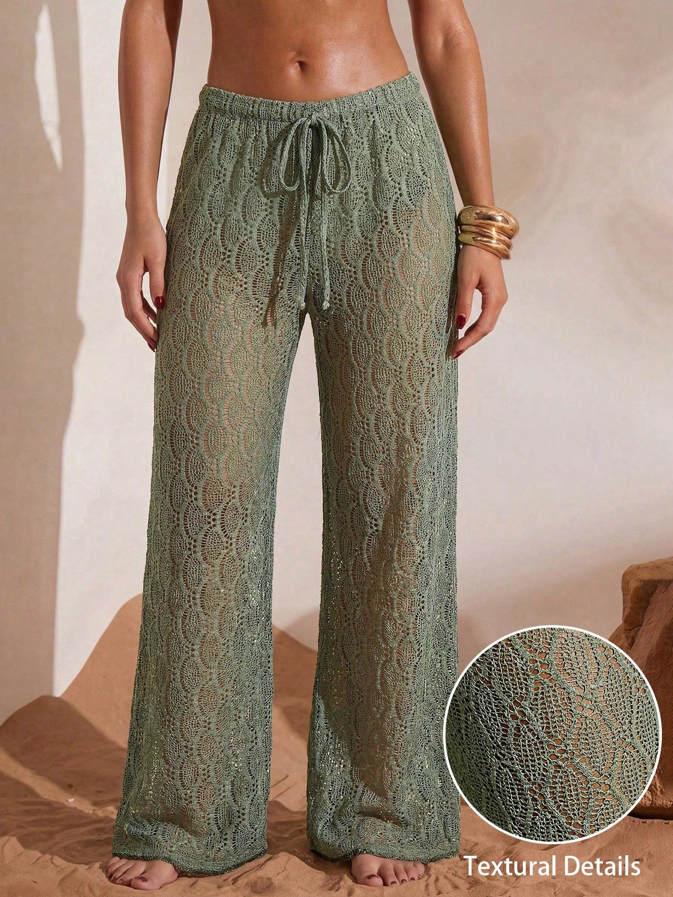Swim Chiccia Women's Jacquard Fabric Beaded Solid Color Drawstring Wide Leg Beach Pants, Spring/Summer, Beach Vacation