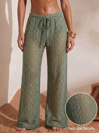 Swim Chiccia Women's Jacquard Fabric Beaded Solid Color Drawstring Wide Leg Beach Pants, Spring/Summer, Beach Vacation