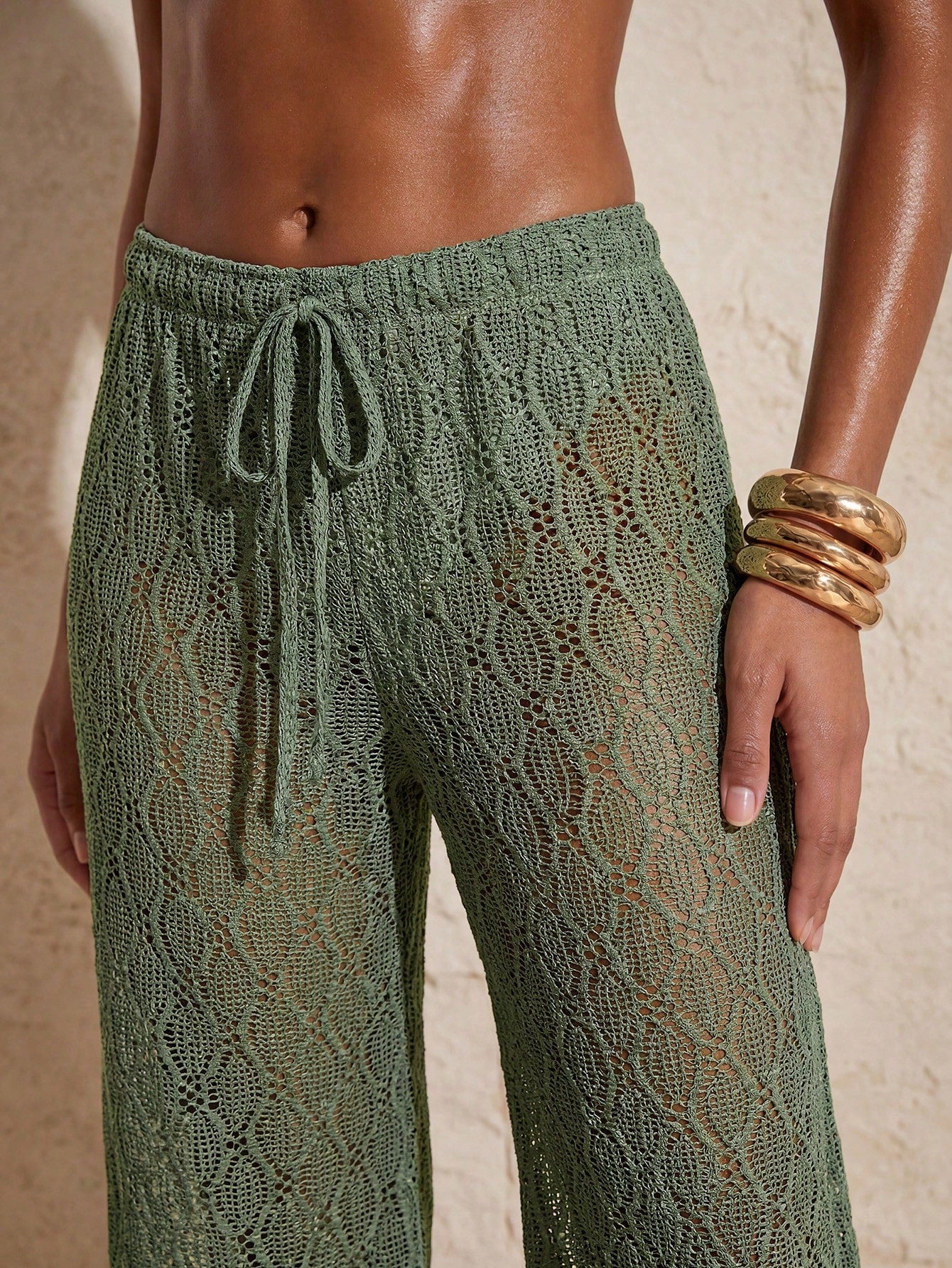 Swim Chiccia Women's Jacquard Fabric Beaded Solid Color Drawstring Wide Leg Beach Pants, Spring/Summer, Beach Vacation