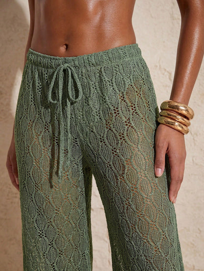 Swim Chiccia Women's Jacquard Fabric Beaded Solid Color Drawstring Wide Leg Beach Pants, Spring/Summer, Beach Vacation