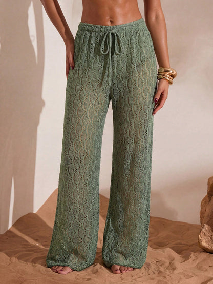 Swim Chiccia Women's Jacquard Fabric Beaded Solid Color Drawstring Wide Leg Beach Pants, Spring/Summer, Beach Vacation