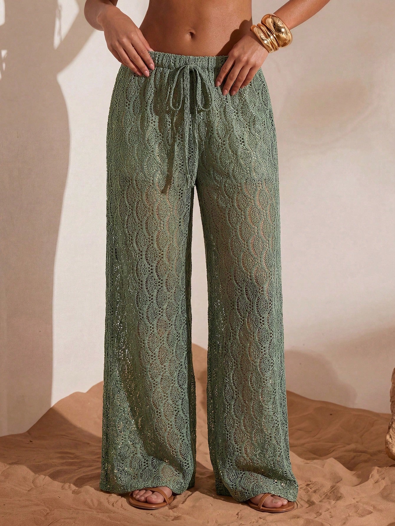 Swim Chiccia Women's Jacquard Fabric Beaded Solid Color Drawstring Wide Leg Beach Pants, Spring/Summer, Beach Vacation