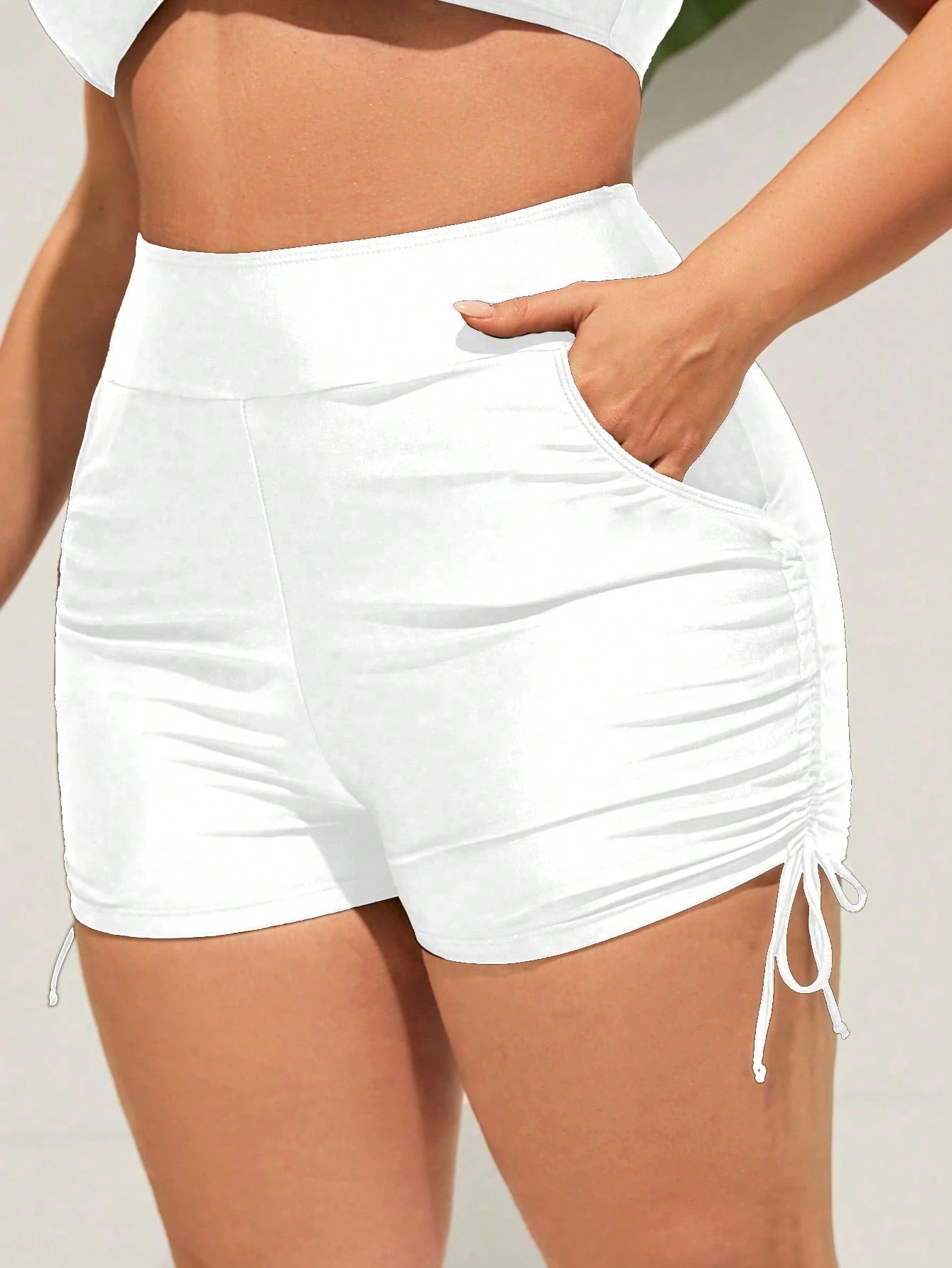 Swim Curve Plus Size Summer Beach Solid Color Drawstring Side Shorts Swimwear Bottom