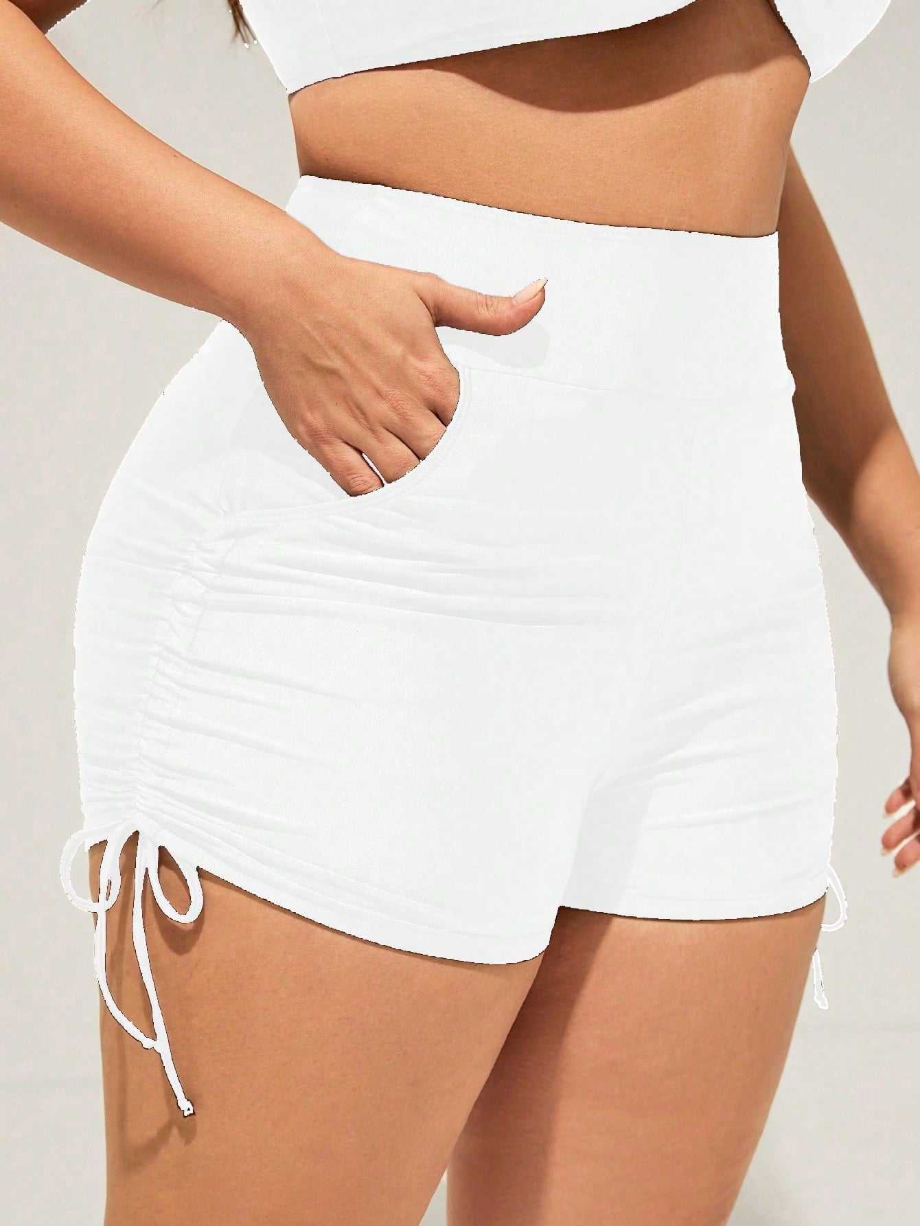Swim Curve Plus Size Summer Beach Solid Color Drawstring Side Shorts Swimwear Bottom