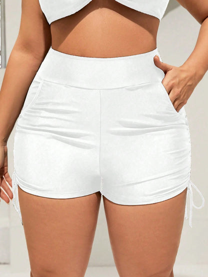 Swim Curve Plus Size Summer Beach Solid Color Drawstring Side Shorts Swimwear Bottom