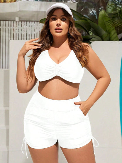 Swim Curve Plus Size Summer Beach Solid Color Drawstring Side Shorts Swimwear Bottom