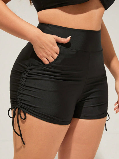 Swim Curve Plus Size Summer Beach Solid Color Drawstring Side Shorts Swimwear Bottom