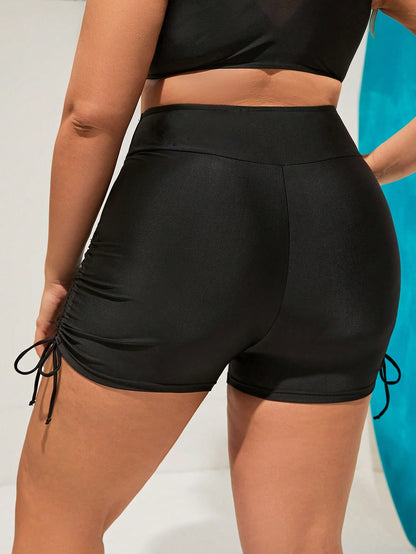 Swim Curve Plus Size Summer Beach Solid Color Drawstring Side Shorts Swimwear Bottom