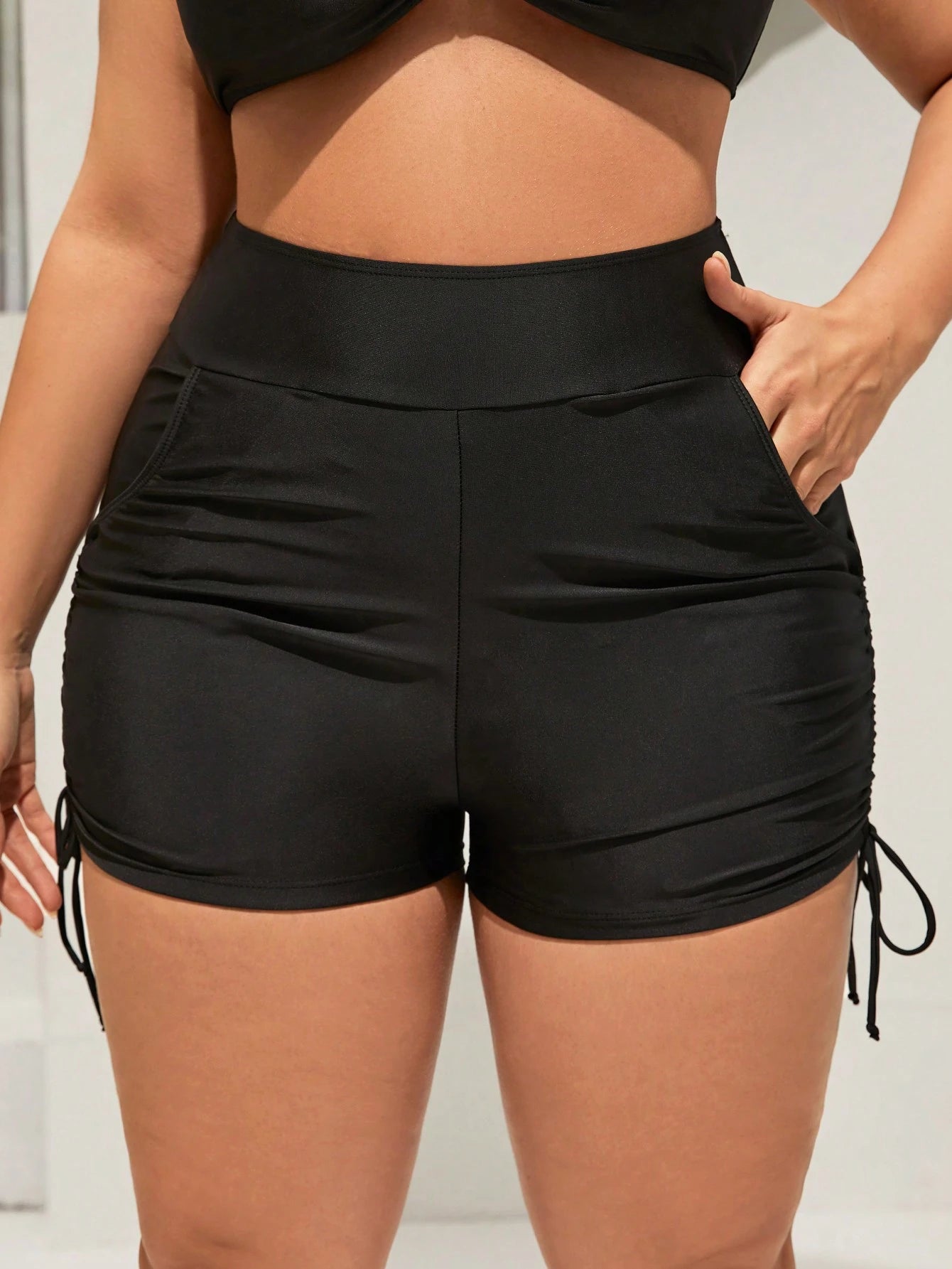 Swim Curve Plus Size Summer Beach Solid Color Drawstring Side Shorts Swimwear Bottom