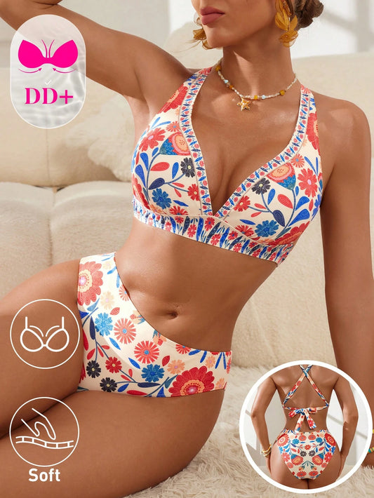 Swim DD+ Women's Beige Swimwear Set For Beach Vacation Holiday Holiday Summer Boho Tropical