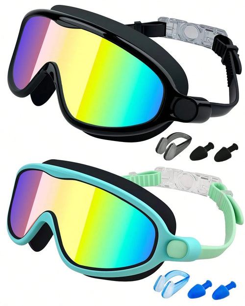 Swim Goggles 2 Packs Anti-Fog Anti-UV Wide View Swimming Goggles For Kids 3-14(Green&Black), Back To School