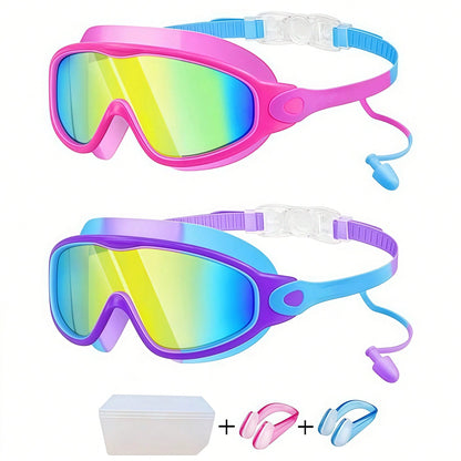 Swim Goggles 2 Packs Anti-Fog Anti-UV Wide View Swimming Goggles For Kids 3-14(Green&Black), Back To School