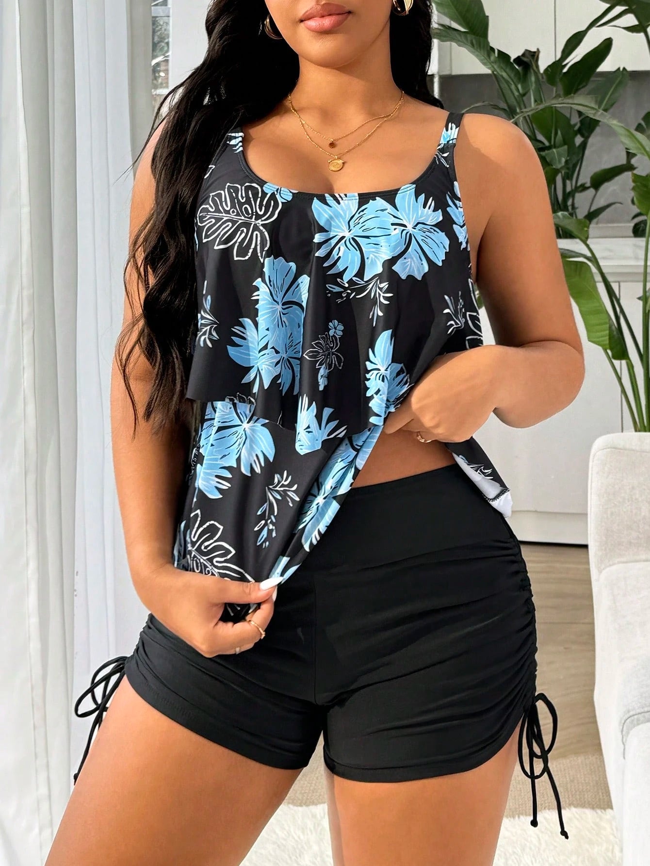 Swim Lushoire 1 Set Plus Size Women Black Tropical Flower Print Spaghetti Strap Tankini,Modest Two Pieces Swimwear For Summer Beach,Elegant Formal Holiday