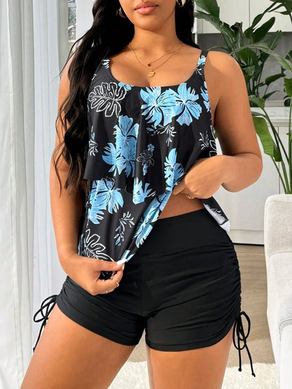 Swim Lushoire 1 Set Plus Size Women Black Tropical Flower Print Spaghetti Strap Tankini,Modest Two Pieces Swimwear For Summer Beach,Elegant Formal Holiday