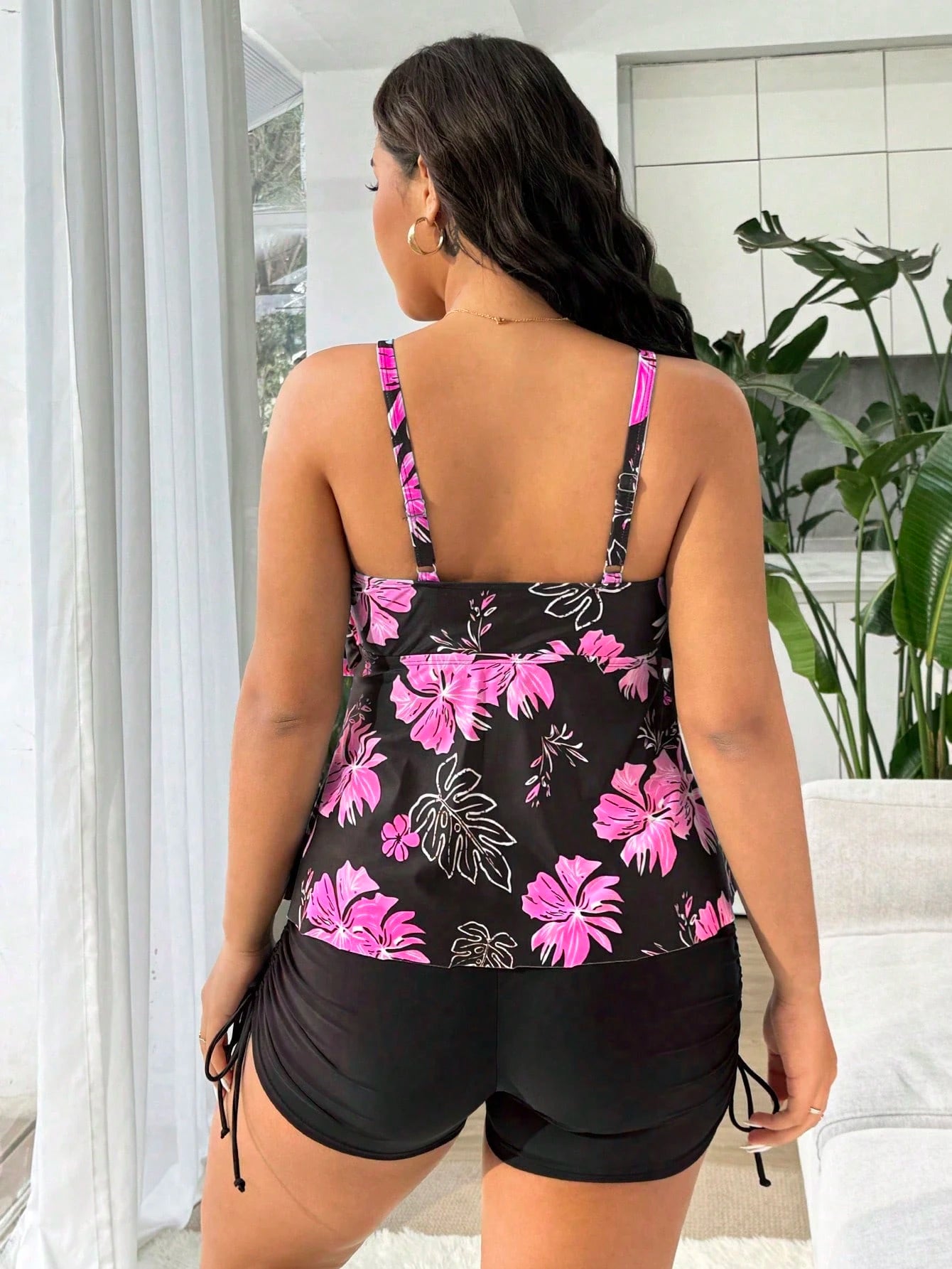 Swim Lushoire 1 Set Plus Size Women Black Tropical Flower Print Spaghetti Strap Tankini,Modest Two Pieces Swimwear For Summer Beach,Elegant Formal Holiday