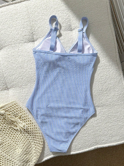 Swim Lushoire 1pc Blue And White Striped Special Fabric Criss-Cross Front One-Piece Swimsuit For Women,Summer Casual Beach Party Holiday Bathing Suits Beach Outfit