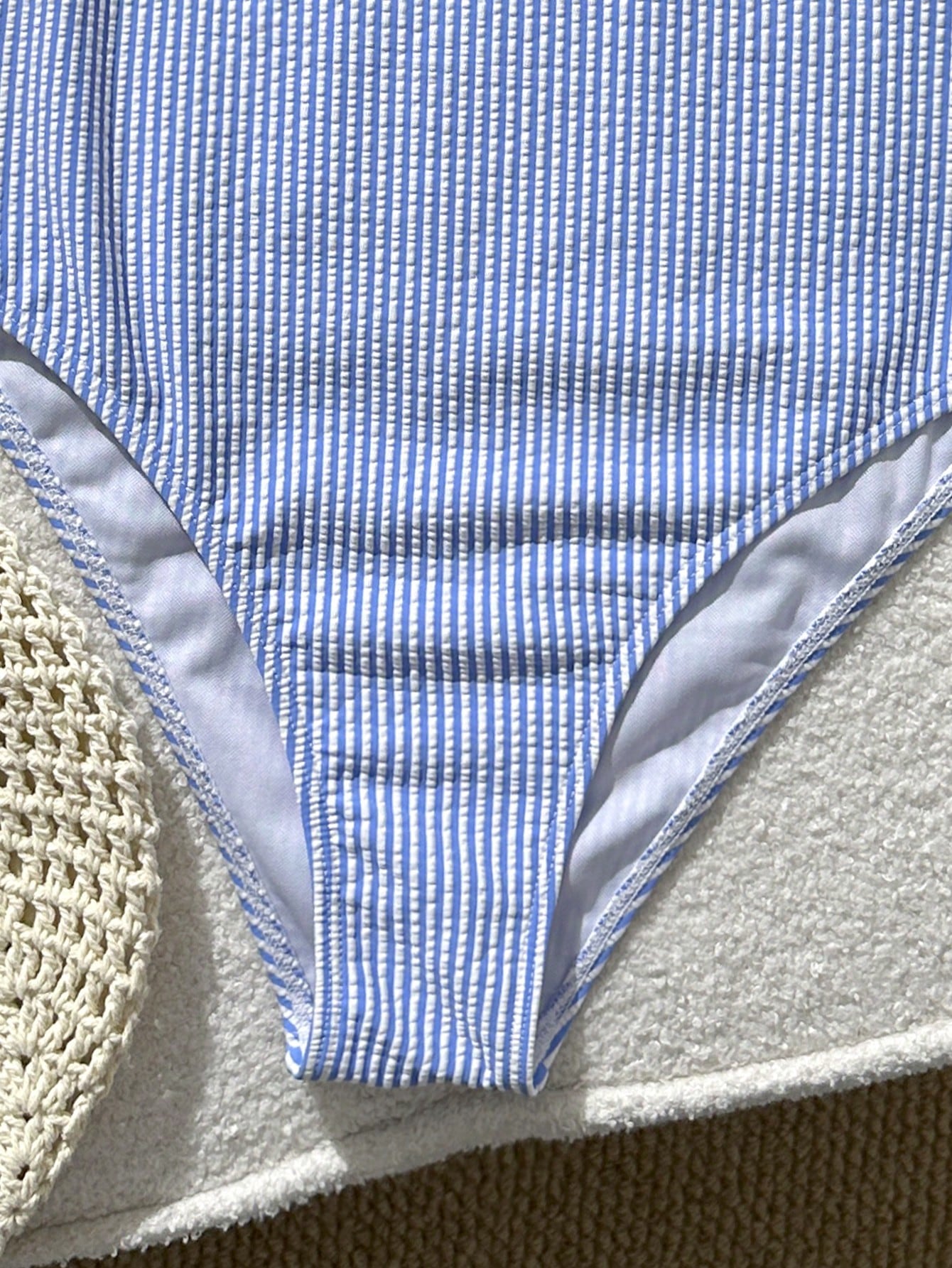 Swim Lushoire 1pc Blue And White Striped Special Fabric Criss-Cross Front One-Piece Swimsuit For Women,Summer Casual Beach Party Holiday Bathing Suits Beach Outfit