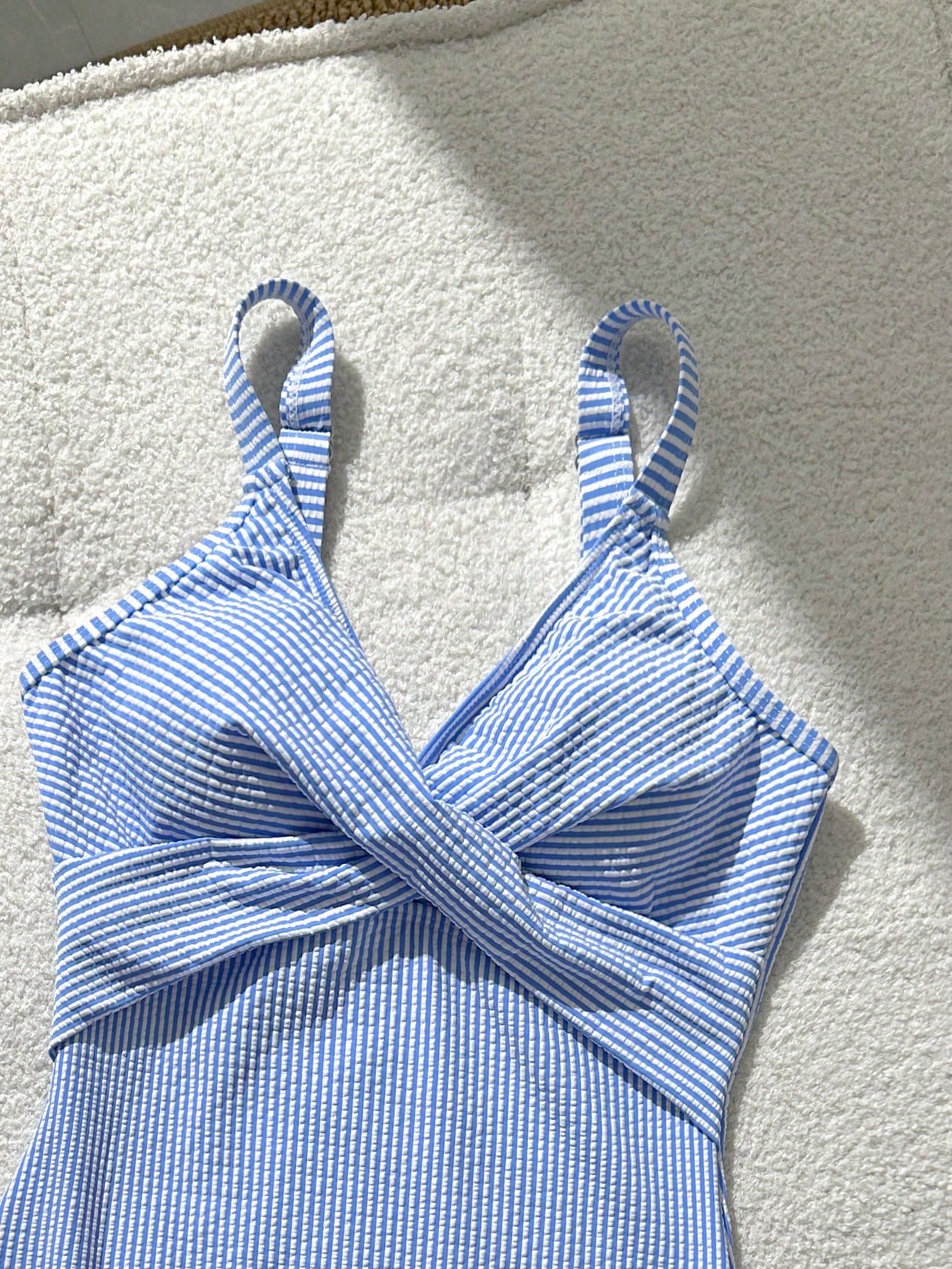 Swim Lushoire 1pc Blue And White Striped Special Fabric Criss-Cross Front One-Piece Swimsuit For Women,Summer Casual Beach Party Holiday Bathing Suits Beach Outfit