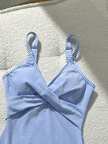 Swim Lushoire 1pc Blue And White Striped Special Fabric Criss-Cross Front One-Piece Swimsuit For Women,Summer Casual Beach Party Holiday Bathing Suits Beach Outfit