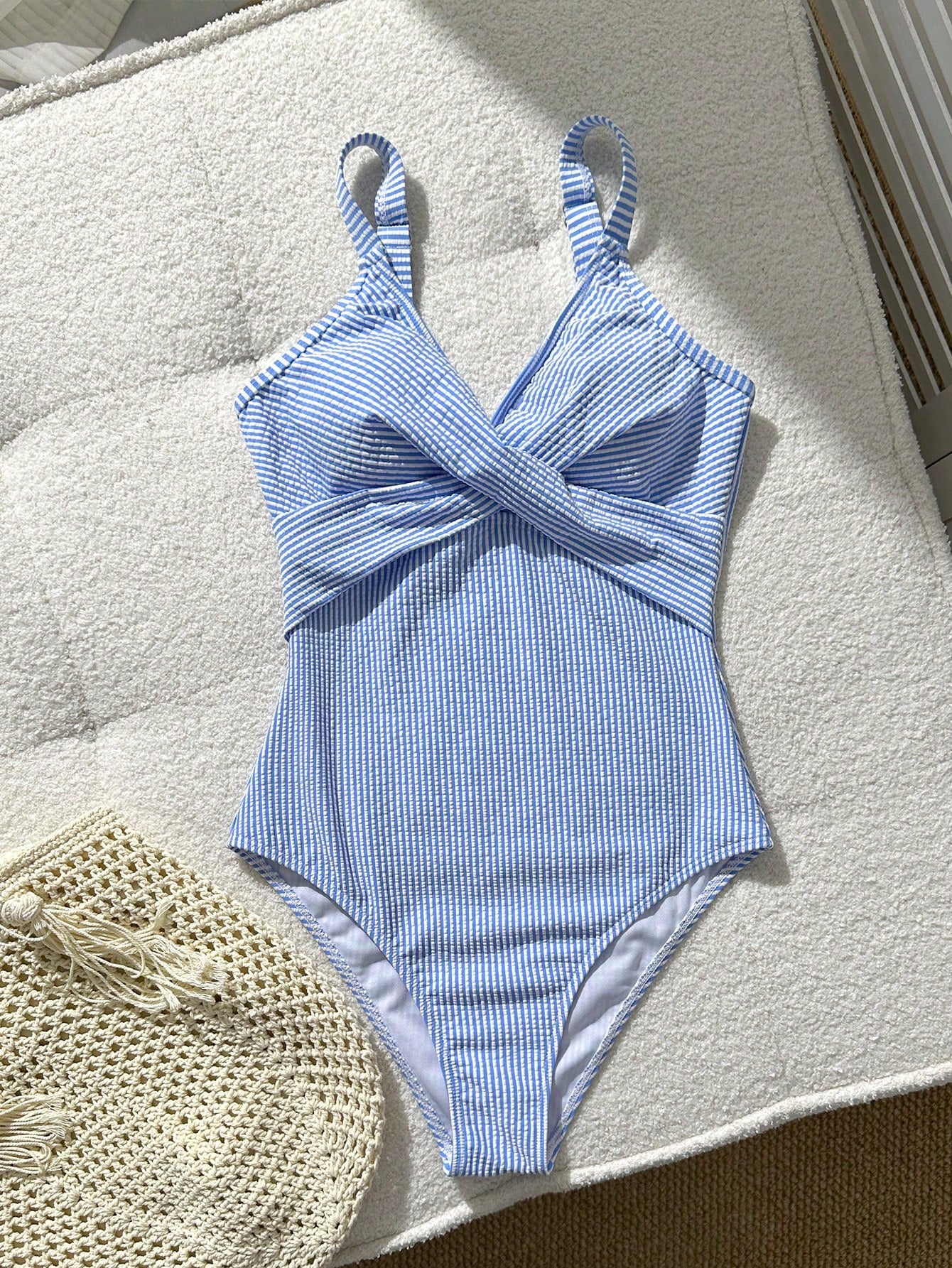Swim Lushoire 1pc Blue And White Striped Special Fabric Criss-Cross Front One-Piece Swimsuit For Women,Summer Casual Beach Party Holiday Bathing Suits Beach Outfit