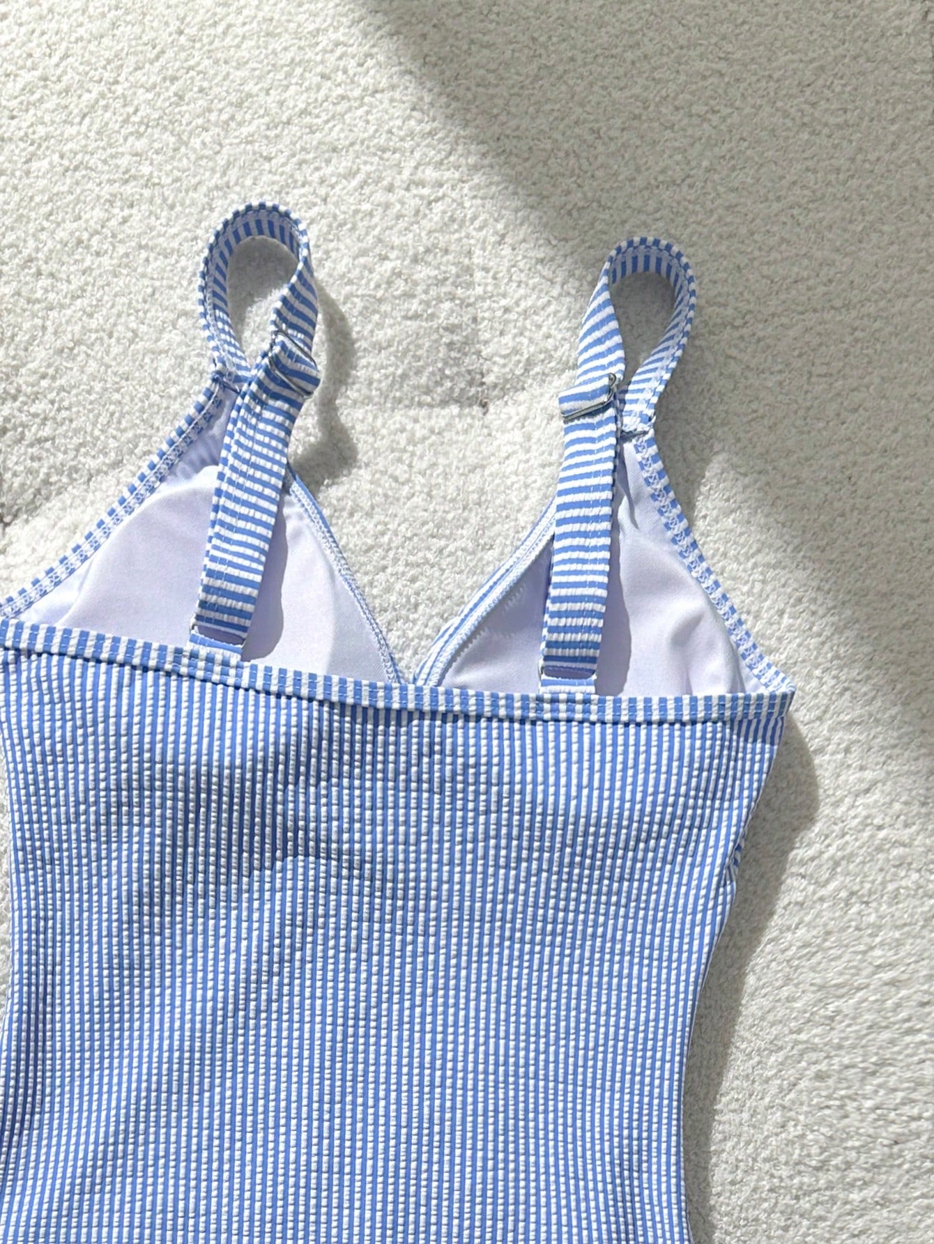 Swim Lushoire 1pc Blue And White Striped Special Fabric Criss-Cross Front One-Piece Swimsuit For Women,Summer Casual Beach Party Holiday Bathing Suits Beach Outfit