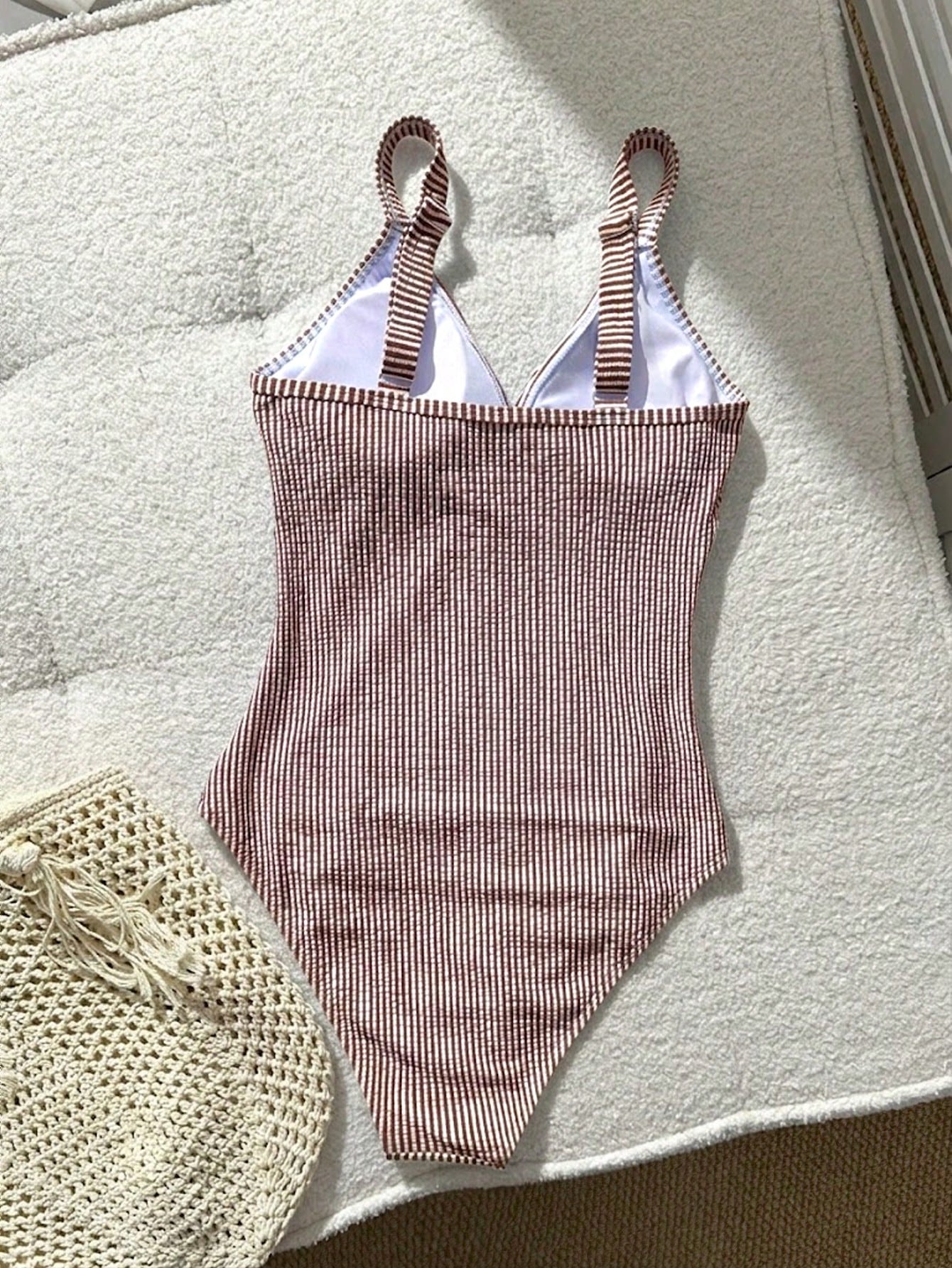 Swim Lushoire 1pc Blue And White Striped Special Fabric Criss-Cross Front One-Piece Swimsuit For Women,Summer Casual Beach Party Holiday Bathing Suits Beach Outfit