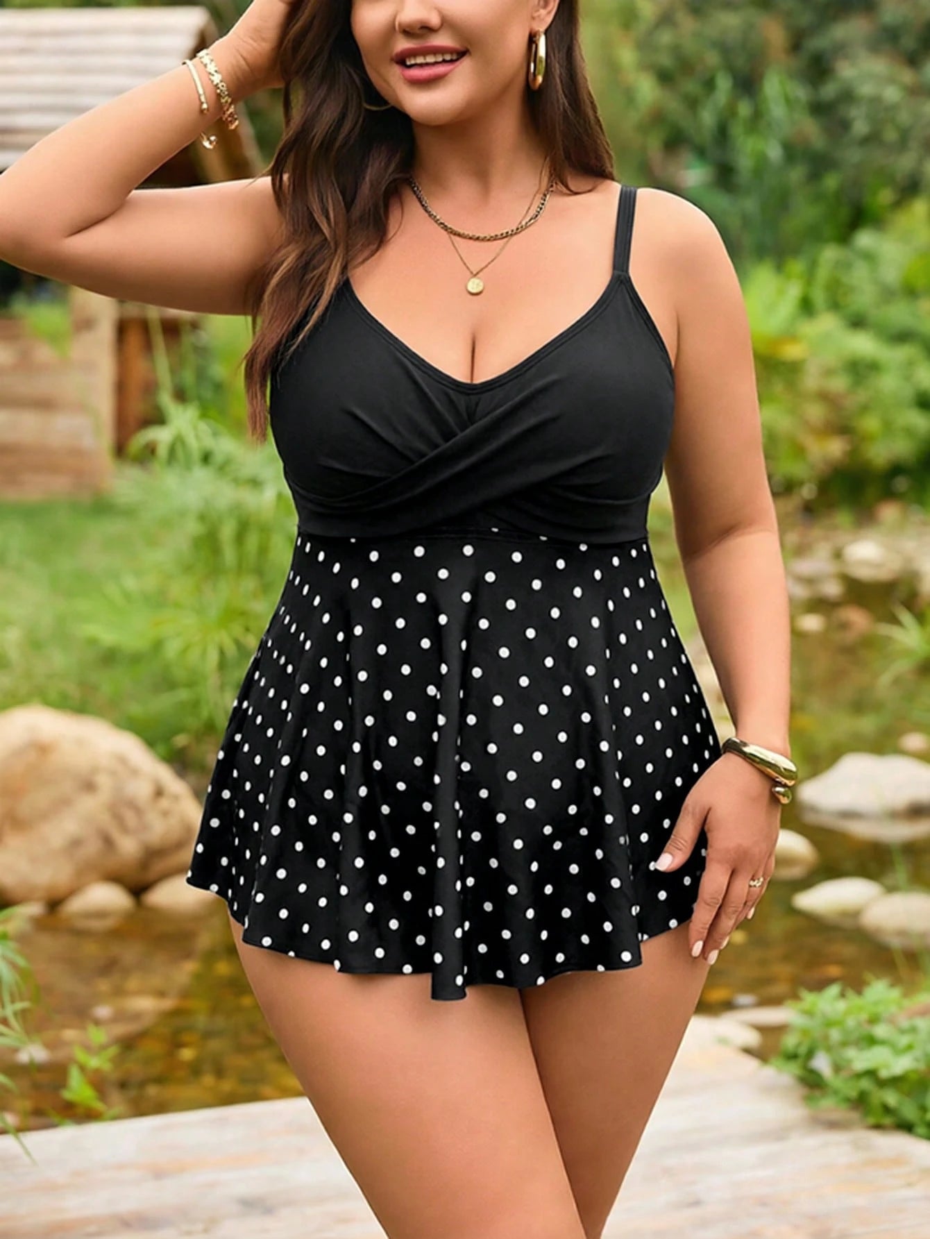 Swim Lushoire 2026 New Plus Size Women 2-Piece Set White Print V-Neck Dress Top With High Waist Shorts, Beach Vacation, Summer Holiday Outfit, Party Wear, Sexy