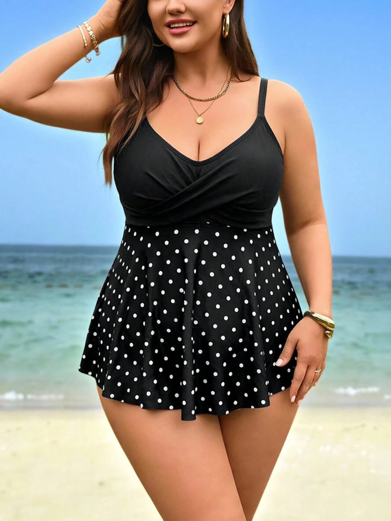Swim Lushoire 2026 New Plus Size Women 2-Piece Set White Print V-Neck Dress Top With High Waist Shorts, Beach Vacation, Summer Holiday Outfit, Party Wear, Sexy