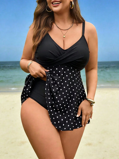 Swim Lushoire 2026 New Plus Size Women 2-Piece Set White Print V-Neck Dress Top With High Waist Shorts, Beach Vacation, Summer Holiday Outfit, Party Wear, Sexy