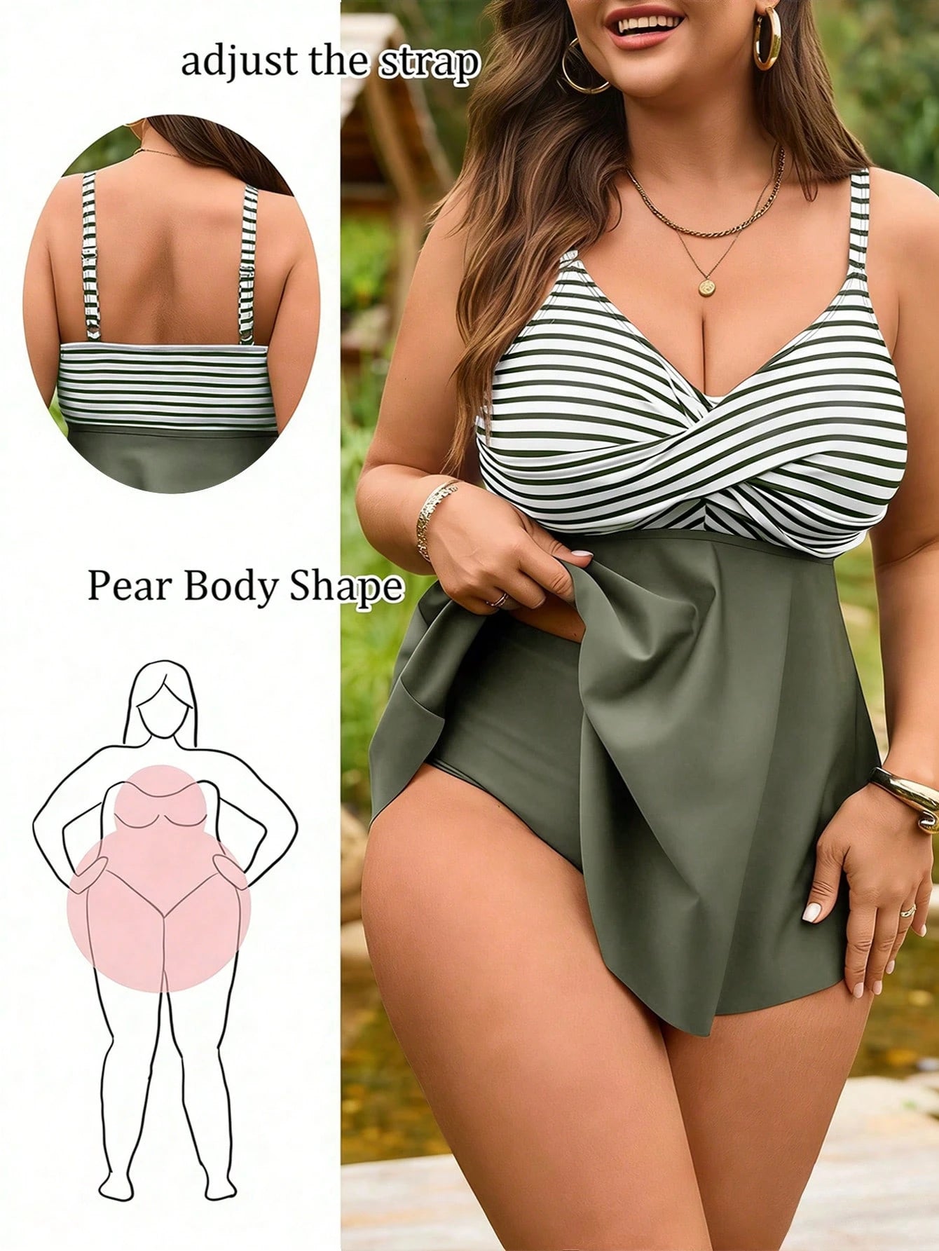 Swim Lushoire 2026 New Plus Size Women 2pcs Set Striped Print Camisole Top & High Waist Bikini Bottom Swimwear Skirt,Black And White,Summer,Beach,Holiday,Holiday