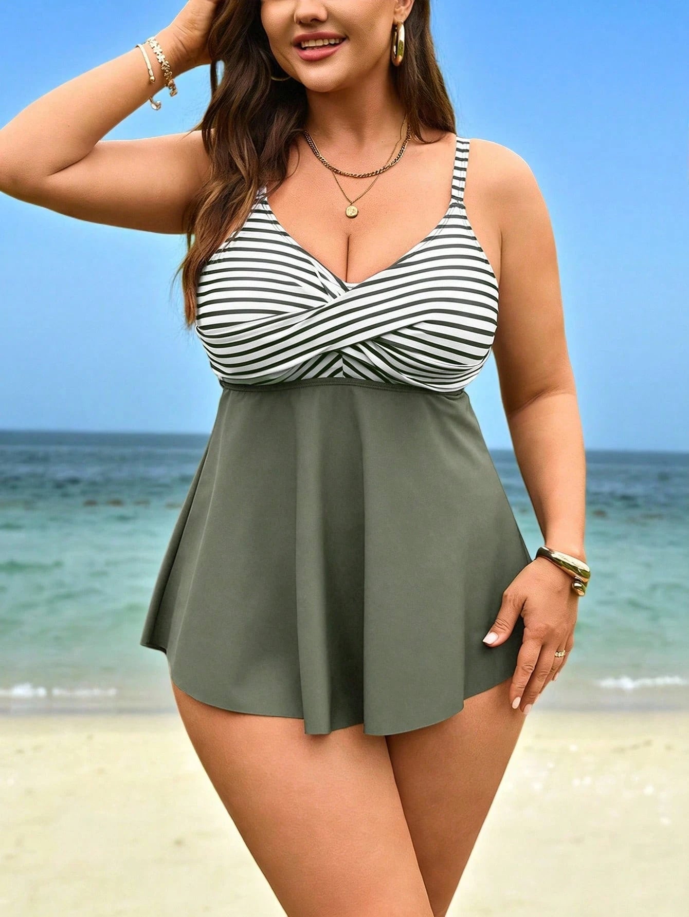 Swim Lushoire 2026 New Plus Size Women 2pcs Set Striped Print Camisole Top & High Waist Bikini Bottom Swimwear Skirt,Black And White,Summer,Beach,Holiday,Holiday