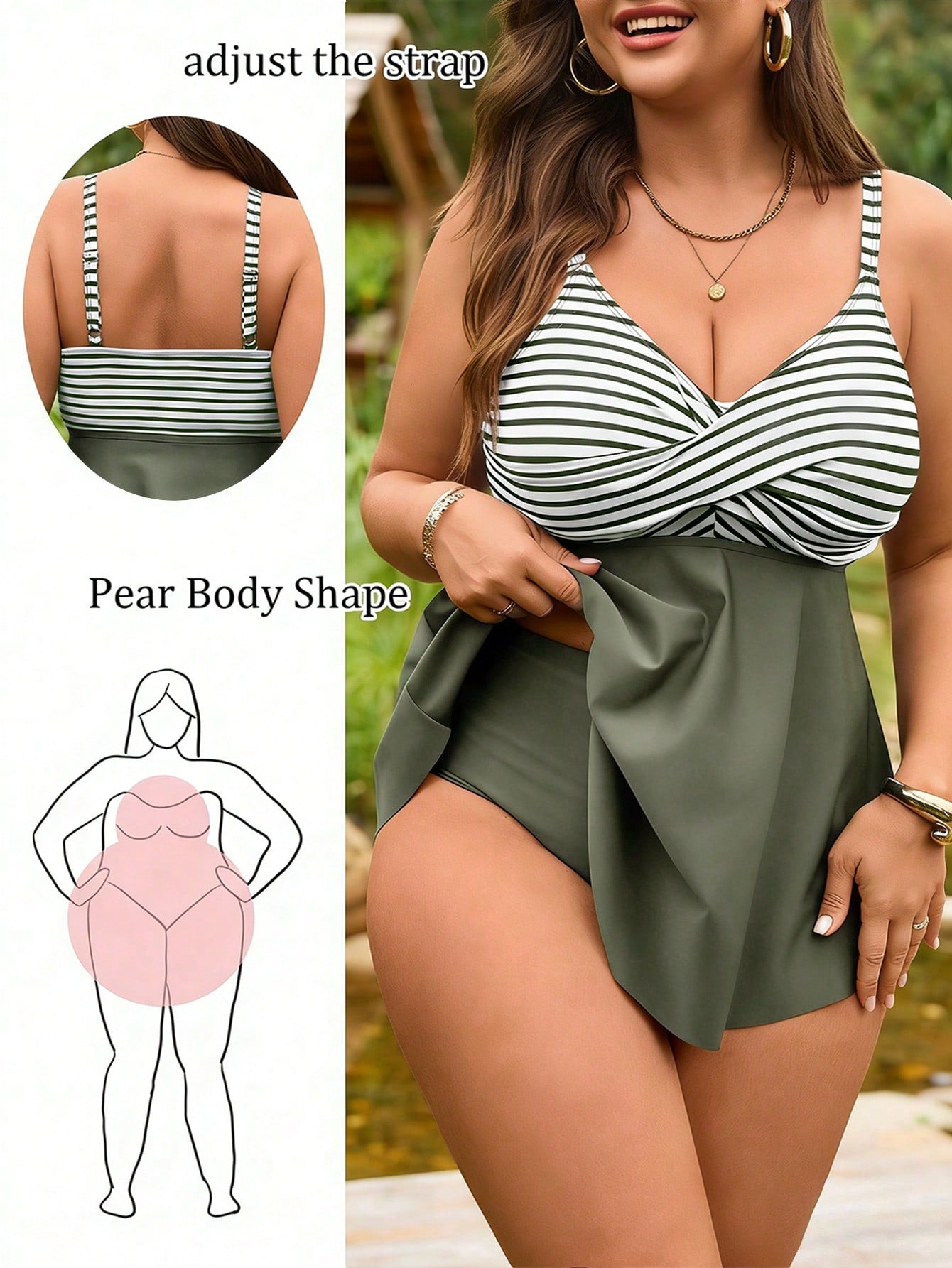 Swim Lushoire 2026 New Plus Size Women 2pcs Set Striped Print Camisole Top & High Waist Bikini Bottom Swimwear Skirt,Black And White,Summer,Beach,Holiday,Holiday
