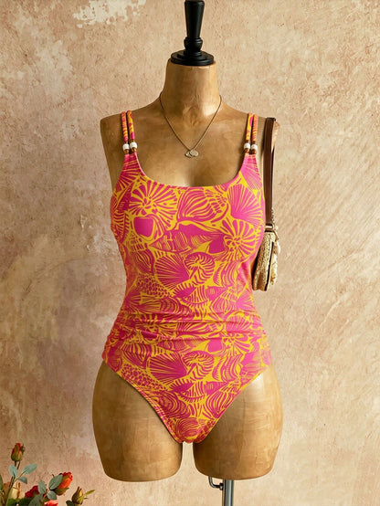 Swim Lushoire 2026 New Plus Size Women's Round Neck Ocean Print Shoulder Strap Beaded One-Piece Ruched Swimsuit, Beach Vacation, Summer Holiday Outfit, Party Wear, Elegant Women's Beach Swimwear, Wome