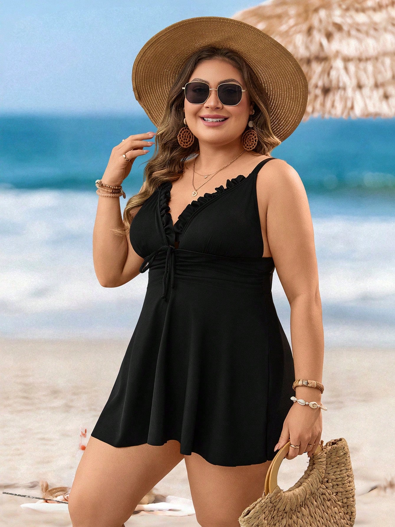Swim Lushoire 2026 New Spring & Summer Plus Size Women Criss-Cross Ruffle Tankini Top And Bottoms Sexy Casual Beach Holiday Swimsuit Set