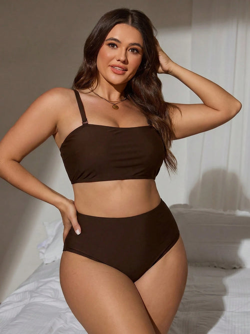 Swim Lushoire 2026 New Summer Basic Minimalist Basic Basic Plus Size Women Tankini Swimwear Set Holiday Beach Party Holiday Brown