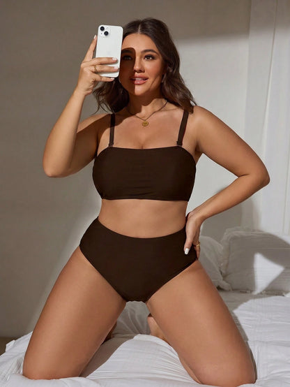 Swim Lushoire 2026 New Summer Basic Minimalist Basic Basic Plus Size Women Tankini Swimwear Set Holiday Beach Party Holiday Brown