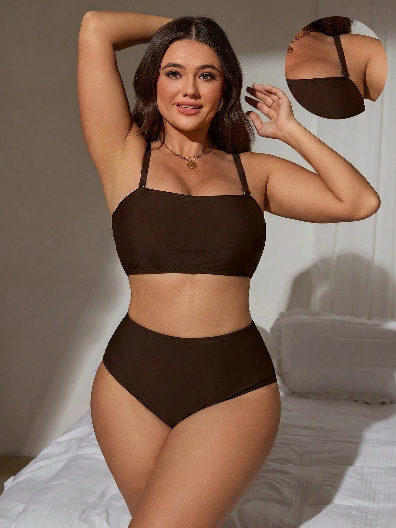 Swim Lushoire 2026 New Summer Basic Minimalist Basic Basic Plus Size Women Tankini Swimwear Set Holiday Beach Party Holiday Brown
