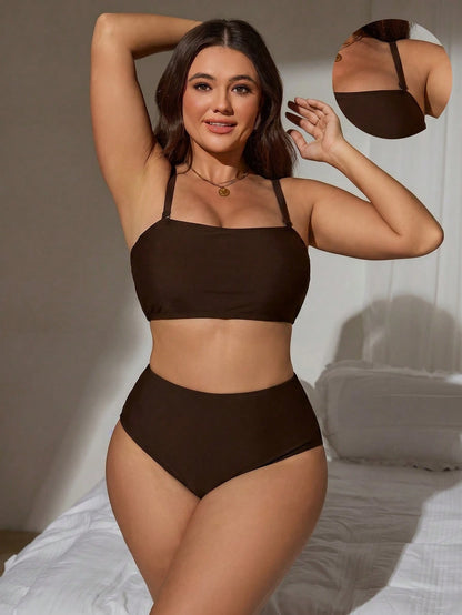 Swim Lushoire 2026 New Summer Basic Minimalist Basic Basic Plus Size Women Tankini Swimwear Set Holiday Beach Party Holiday Brown