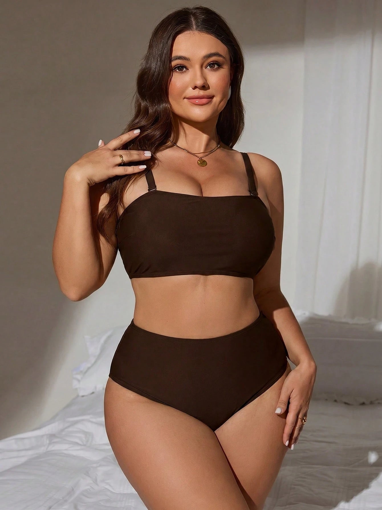 Swim Lushoire 2026 New Summer Basic Minimalist Basic Basic Plus Size Women Tankini Swimwear Set Holiday Beach Party Holiday Brown
