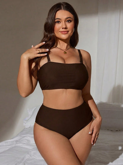 Swim Lushoire 2026 New Summer Basic Minimalist Basic Basic Plus Size Women Tankini Swimwear Set Holiday Beach Party Holiday Brown