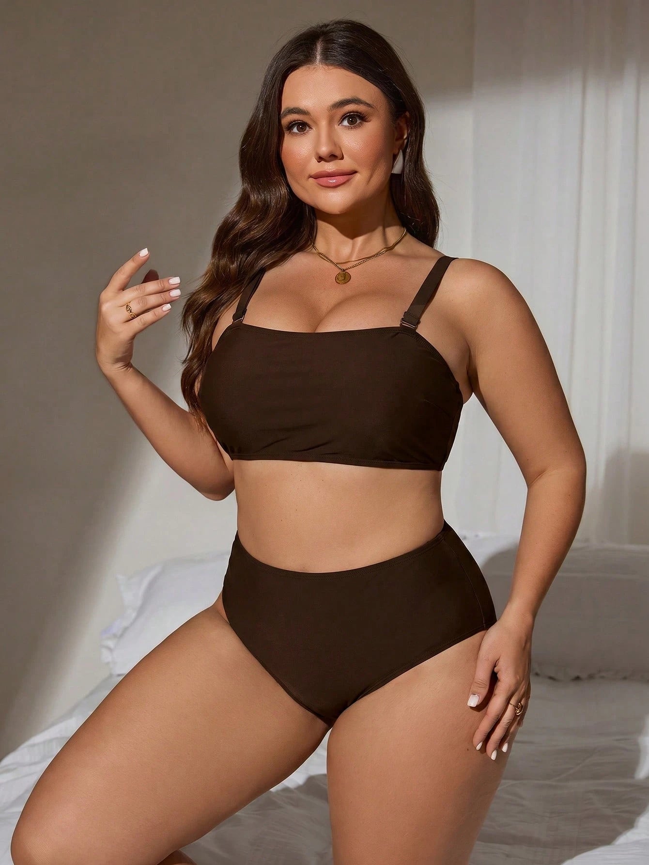 Swim Lushoire 2026 New Summer Basic Minimalist Basic Basic Plus Size Women Tankini Swimwear Set Holiday Beach Party Holiday Brown