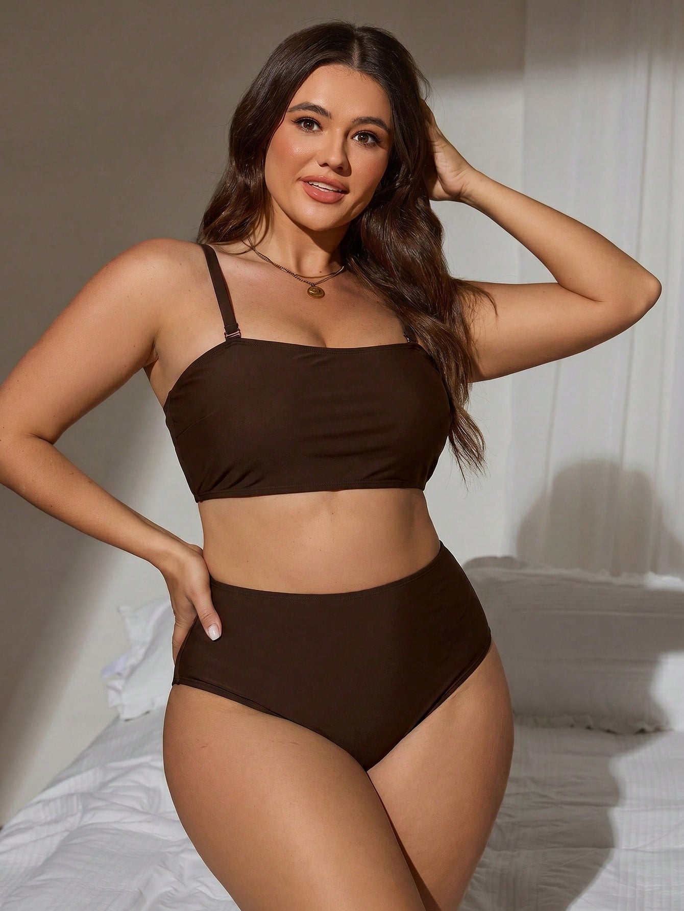 Swim Lushoire 2026 New Summer Basic Minimalist Basic Basic Plus Size Women Tankini Swimwear Set Holiday Beach Party Holiday Brown