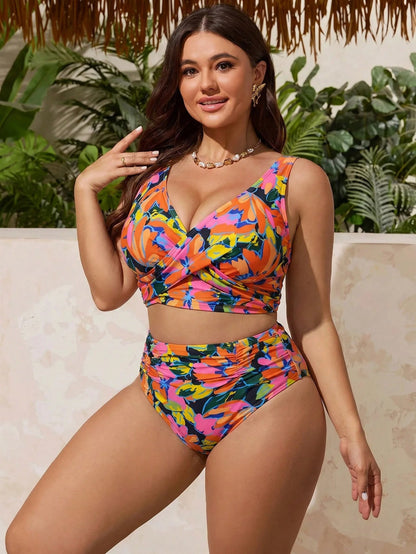 Swim Lushoire Floral Print Casual Vacation Women Plus Size Tankini Set