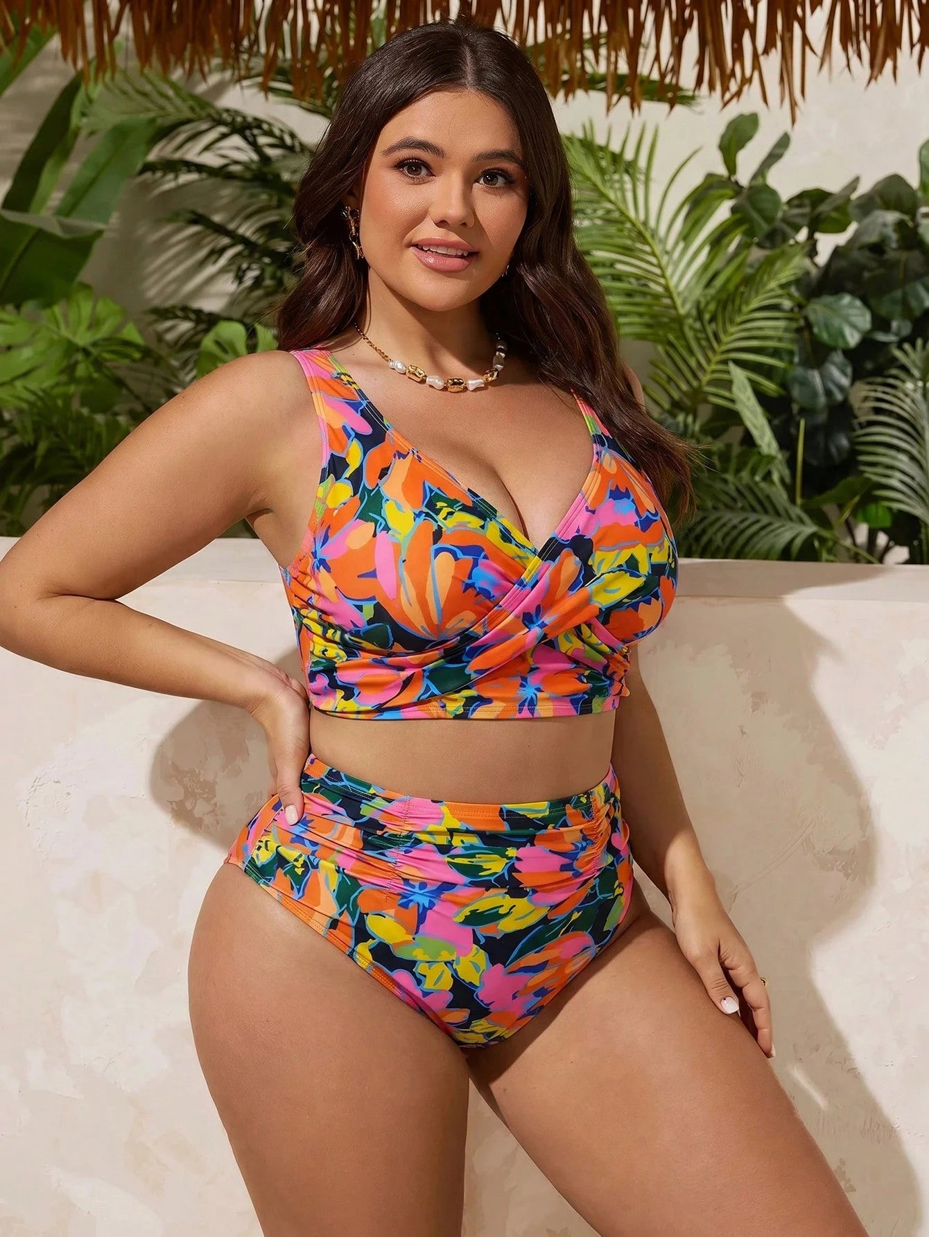Swim Lushoire Floral Print Casual Vacation Women Plus Size Tankini Set