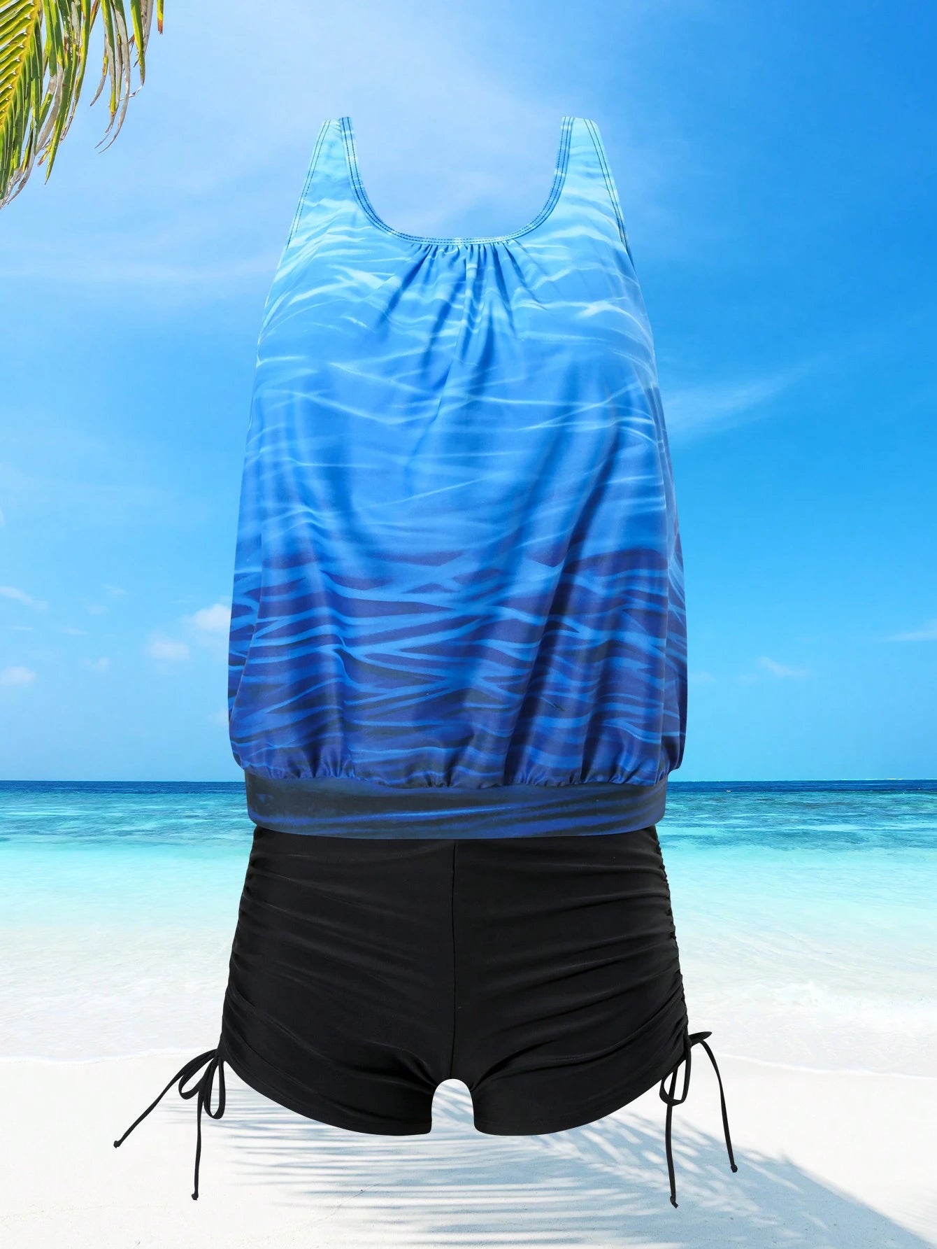 Swim Lushoire New Popular Women's Tankini Swimwear Set, Beach Vacation Style, Slimming Concealing Summer Blue And White Striped Black Casual