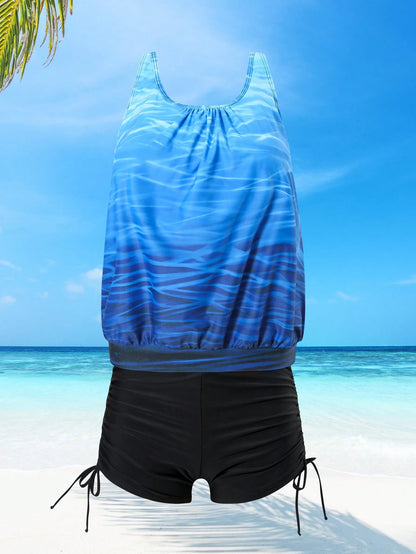 Swim Lushoire New Popular Women's Tankini Swimwear Set, Beach Vacation Style, Slimming Concealing Summer Blue And White Striped Black Casual