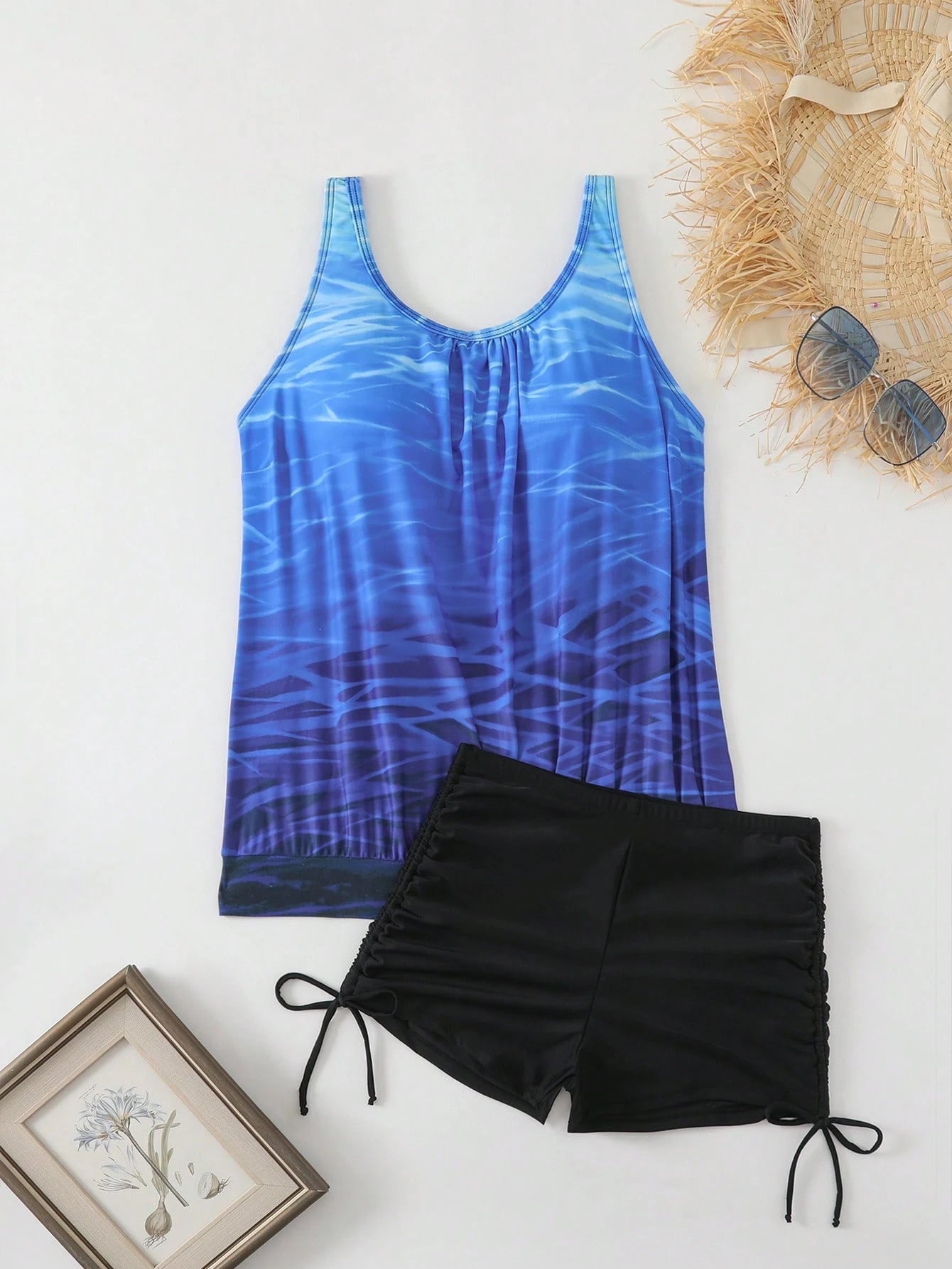 Swim Lushoire New Popular Women's Tankini Swimwear Set, Beach Vacation Style, Slimming Concealing Summer Blue And White Striped Black Casual