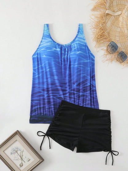 Swim Lushoire New Popular Women's Tankini Swimwear Set, Beach Vacation Style, Slimming Concealing Summer Blue And White Striped Black Casual