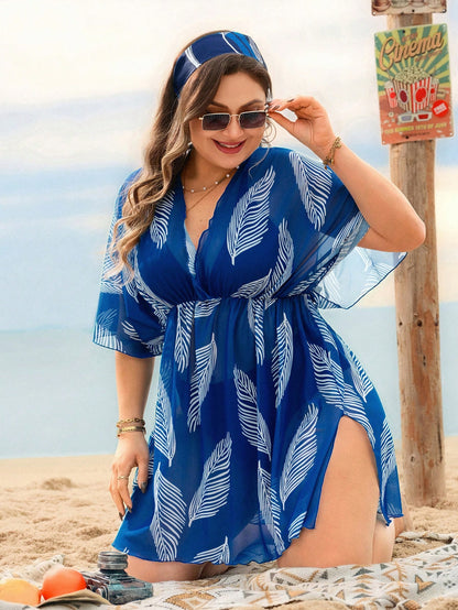 Swim Lushoire New Summer Beach Vacation Plus Size Women Cover Up Coverup, Leaf Print Design, Slimming Elegant Blue Coverup, Leaf Print Plus Size Coverup