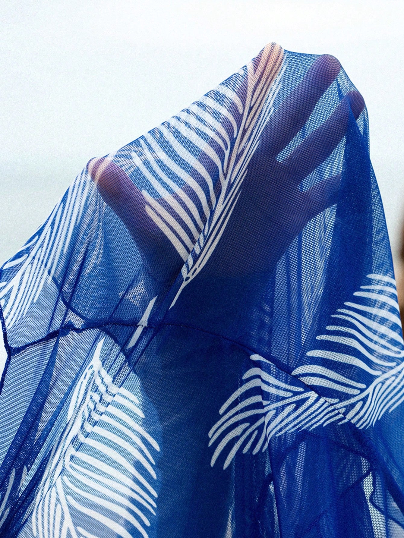 Swim Lushoire New Summer Beach Vacation Plus Size Women Cover Up Coverup, Leaf Print Design, Slimming Elegant Blue Coverup, Leaf Print Plus Size Coverup